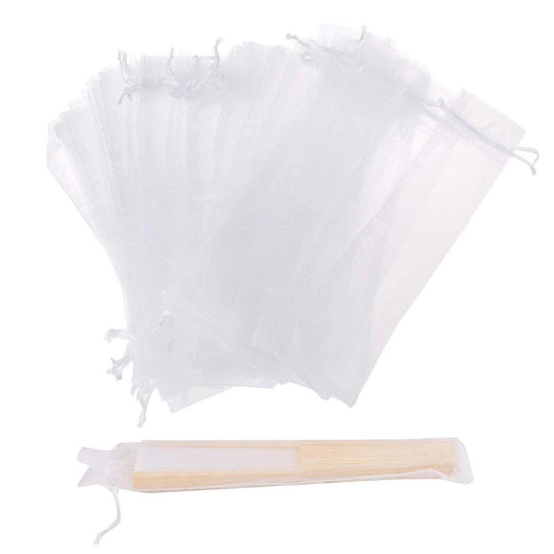 Bezall 50Pcs Organza Hand Fan Bags, 2x10 Inches White Folding Fan Drawstring Bag Hand Fan Decorative Pouch Party Wedding Favor Gift Bags - Image 1